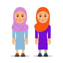 Muslim woman or Arab woman. Cartoon character stand in the traditional clothing. Isolated characters of representatives of Islam on a white background in a flat style