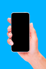 Hand holding black Smartphone with blank screen on blue background