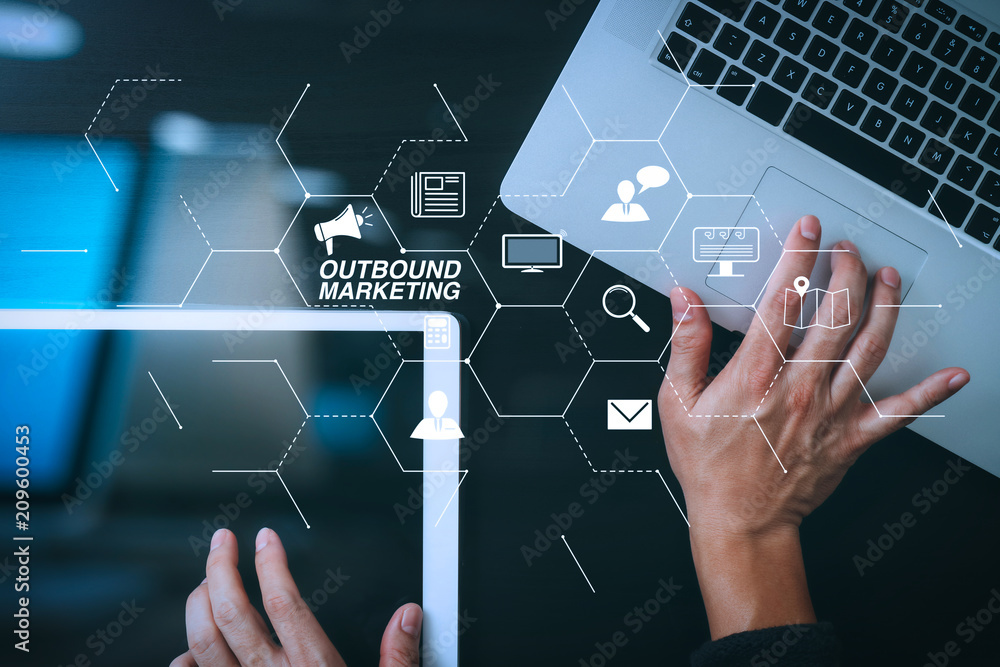 Poster cyber security internet and networking concept.Businessman hand working with  laptop computer and digital tablet background