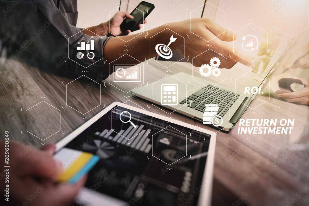 Poster Creative business working.  Photo graphic designer hand working with design digital tablet and ligt bulb on wood table. Digital business strategy layer effect. View from top