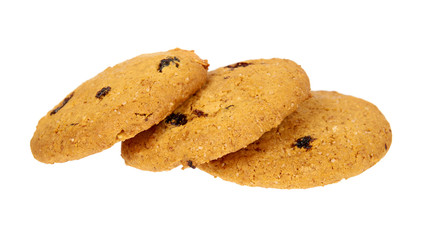 Home made oragnic chocolate chips cookies with raisins. Isolated on white background