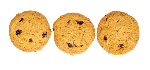 Home made oragnic chocolate chips cookies with raisins. Isolated on white background