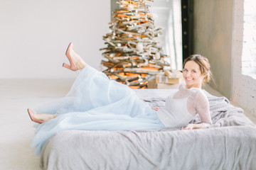 Master of ceremony speech on background of new year decor.