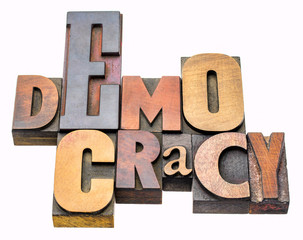 democracy word abstract in wood type