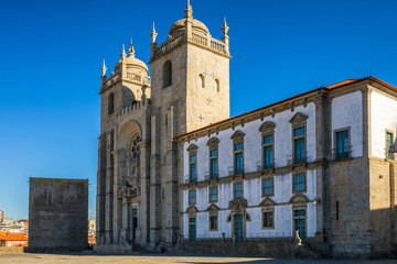 Porto Cathedral facade view, Roman Catholic church, Portugal. Construction around 1110