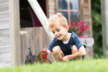 Un enfant avec ne poule dans un jardin