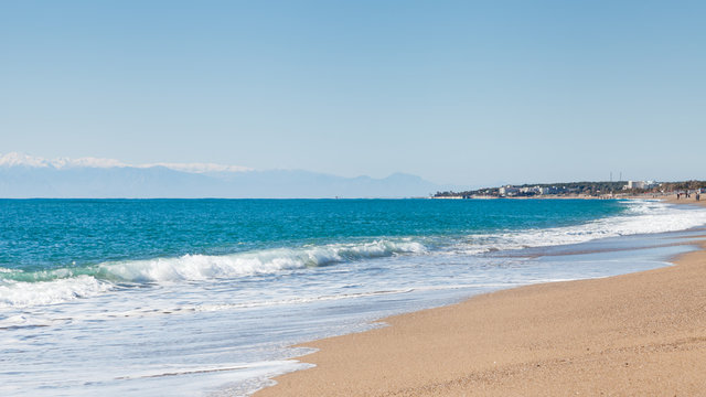 Kleopatra Beach.  The view looking out to sea from Kleopatra Beach in southern Turkey.  The beach is close to the point where Manavgat River enters the Mediterranean Sea.