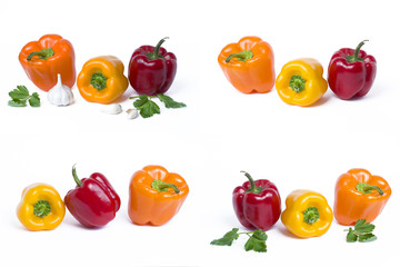 Red yellow and orange peppers on a white background..Multicolored vegetables in a composition on an abel background.