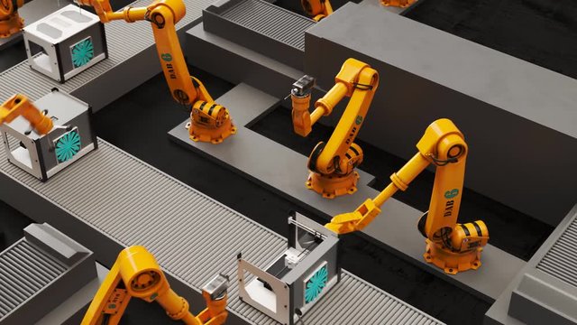 Robotic arms of industrial robots constructing 3d printers on assembly line. 4k