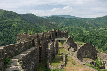 Fototapeta na wymiar On the wall of medieval fortress Maglic, mountain range at background , Serbia