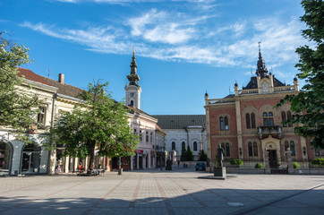 Monument of Jovan Jovanovic Zmaj, in front of and neo-classical architecture of Vladicin Court Palace of Bishop in Novi Sad, Serbia.