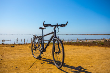 Fototapeta premium elegant bicycle stay on a sandy lake coast