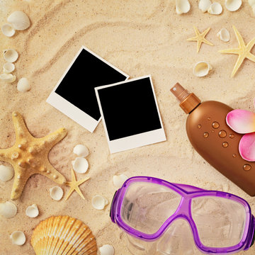 summer card, empty photo frames on sand beach