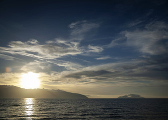 sunset on ionian sea coast in sarande southern albania