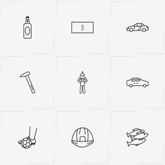 Man line icon set with soccer ball, worker helmet and hammer