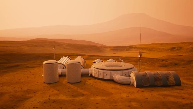 Mars base, colony. Building farm, growing plants. Expedition on alien planet.