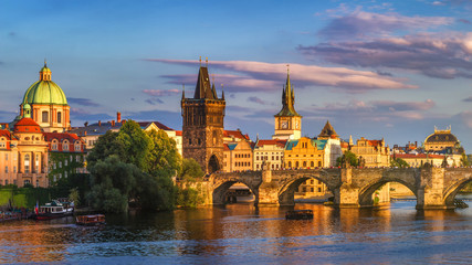 Fototapeta na wymiar Prague, Czech Republic panorama with historic Charles Bridge and Vltava river on sunny day.