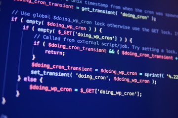 Simple website HTML code with colorful tags in browser view on dark background. Software developer programming code. Screen of code for overlay background.