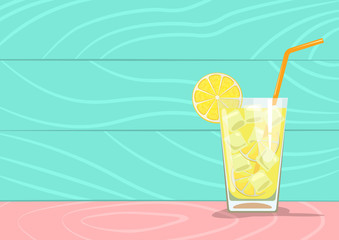 Glass of lemonade with straw on pastel pink and blue wooden background with place for your text. Vector illustration.