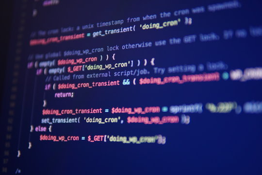 Simple website HTML code with colorful tags in browser view on dark background. Software developer programming code. Screen of code for overlay background.