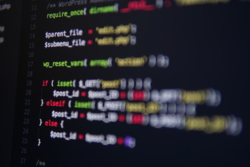 Simple website HTML code with colorful tags in browser view on dark background. Software developer programming code. Screen of code for overlay background.