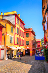 Fototapeta na wymiar Beautiful traditional street with flowers of the Portofino, Liguria, Italy