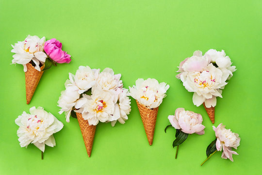 Waffle ice cream cones with white peony flowers on green background. Copy space, top view.