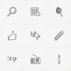 Marketing line icon set with radio receiver , loudspeaker and magnifier