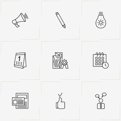 Marketing line icon set with pencil, newspaper award and loudspeaker