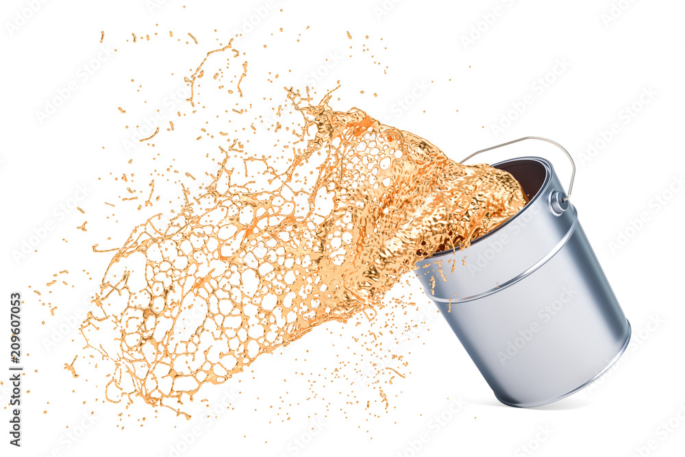 Poster golden paint splashing out of can, 3d rendering