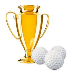 Gold trophy cup award with golf balls, 3D rendering