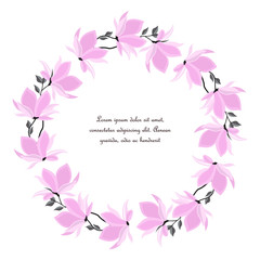 Vector illustration branches with floral decoration. Spring magnolia. Frame with pink flowers