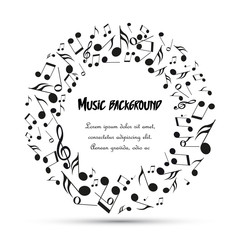 Vector decoration of musical notes in the shape of a circle. Music background