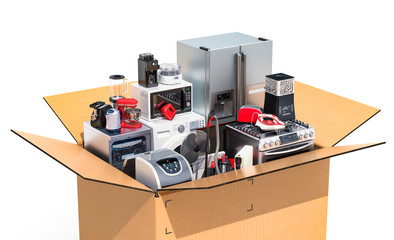 Parcel with household and kitchen appliances, delivery concept. 3D rendering