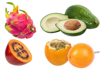 Exotic fruits collage isolated on white background with clipping path set