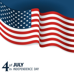 banner to the US Independence Day. Waving flag of united states close-up on a blue and white background