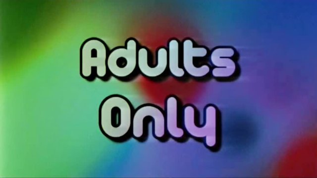 Analog capture (intentional heavy distortion fx): vintage 1970s style animation, abstract blobs moving and changing colors, and the text Adults Only. VHS fx, intro for movie or tv show.