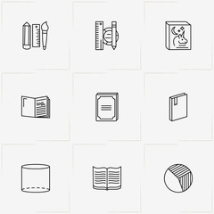 Mathematics line icon set with book, ruler with pen and pen with ruler