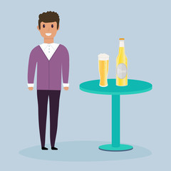 Young man with  beer bottle, mugs and glasses.