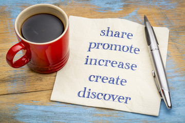 Share, promote, increase, create, discover - power words