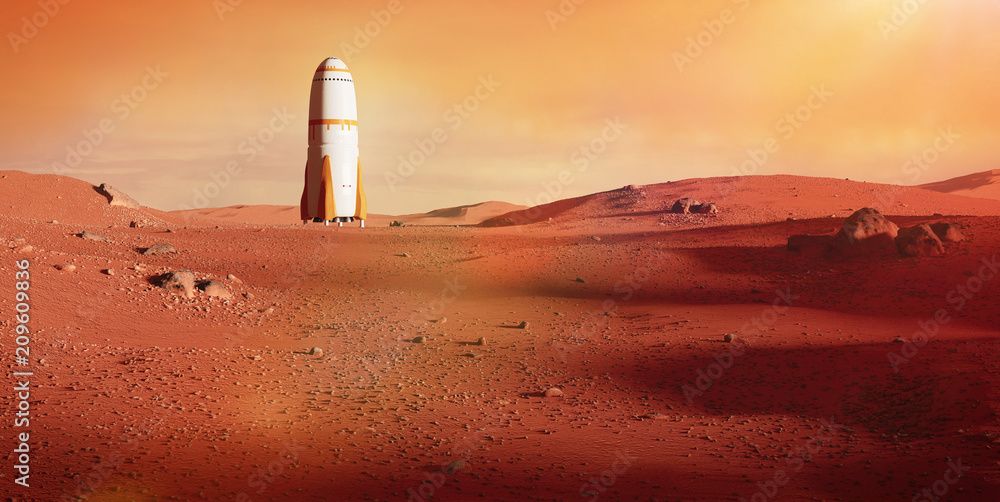 Canvas Prints landscape on planet mars, spaceship landing on the red planet