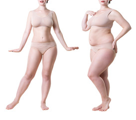 Woman's body before and after weight loss isolated on white background
