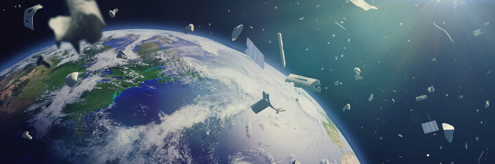 space debris in Earth orbit, dangerous junk orbiting around the blue planet 