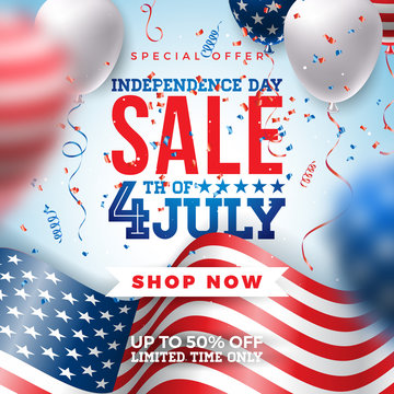Fourth of July. Independence Day Sale Banner Design with Balloon and Flag on Confetti Background. USA National Holiday Vector Illustration with Special Offer Typography Elements for Coupon, Voucher