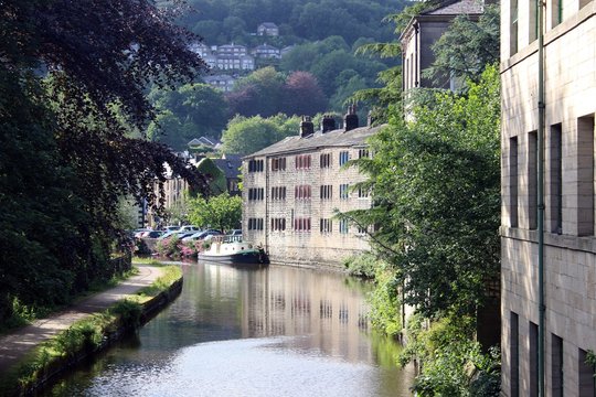 Looking west along the Rochdale Canal at Hebden Bridge, Yorkshire.