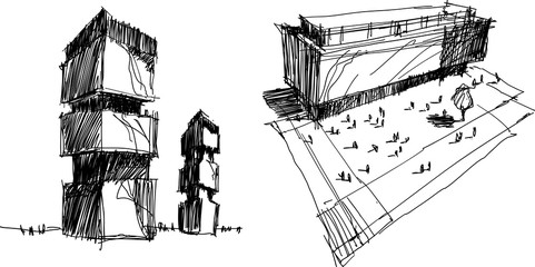 two hand drawn architectectural sketches of a modern abstract architecture with people around