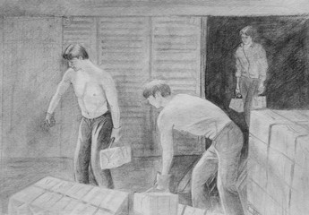 Young men unload boxes from the railway car. Pencil drawing