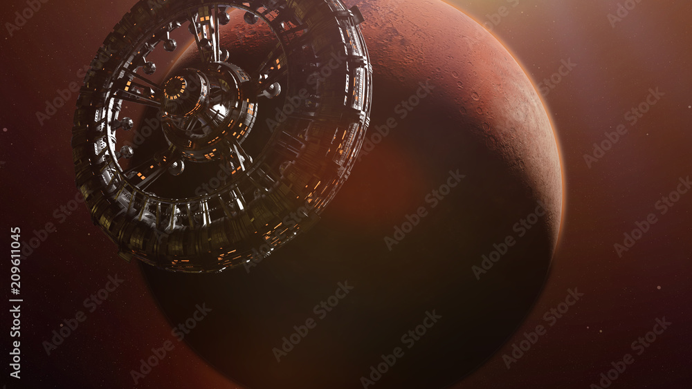 Canvas Prints huge space station in orbit of the red planet mars