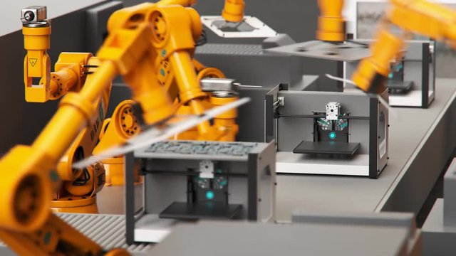 Robotic arms of industrial robots constructing 3d printers on assembly line. 4k