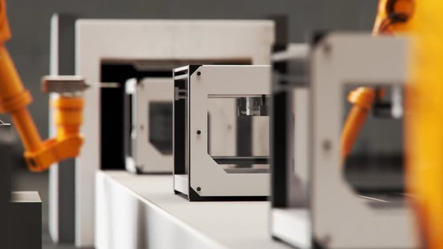 Robotic arms of industrial robots constructing 3d printers on assembly line. 4k
